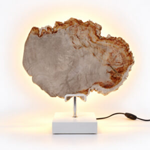 Versteend Hout Lamp Sahara met lichte natuurlijke houtstructuur, witte voet en warme achtergrondverlichting.