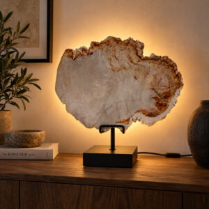 Versteend Hout Lamp Sahara met zwarte voet en warme achtergrondverlichting op een houten dressoir in een sfeervol interieur.