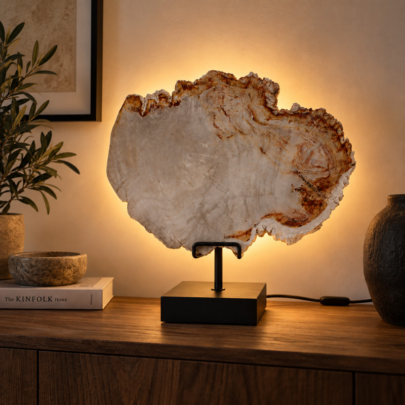 Versteend Hout Lamp Sahara met zwarte voet en warme achtergrondverlichting op een houten dressoir in een sfeervol interieur.
