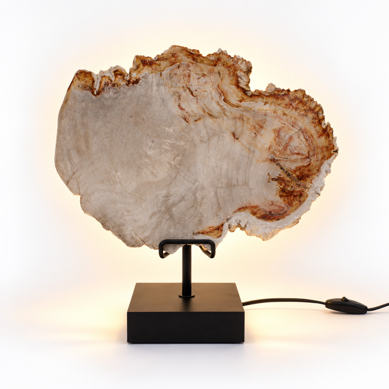 Versteend Hout Lamp Sahara met lichte natuurlijke houtstructuur, zwarte voet en warme achtergrondverlichting.