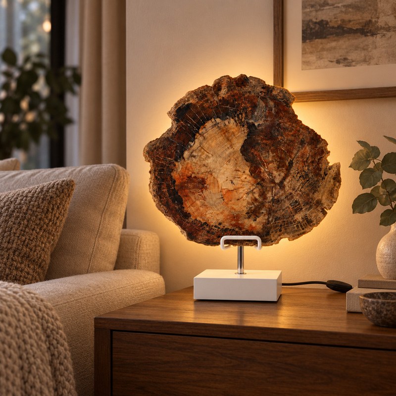 Versteend Hout Lamp Terra met witte voet en warme achtergrondverlichting in sfeervolle woonkamer.