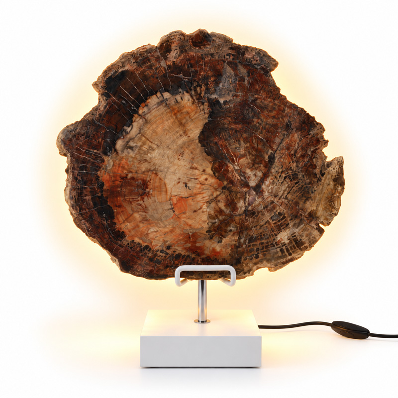 Versteend Hout Lamp Terra met witte voet, natuurlijke houtstructuur en warme verlichting achter de steen.