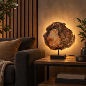 Versteend Hout Lamp Terra met zwarte voet en warme achtergrondverlichting in een sfeervol industrieel interieur.
