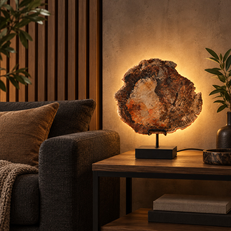 Versteend Hout Lamp Terra met zwarte voet en warme achtergrondverlichting in een sfeervol industrieel interieur.