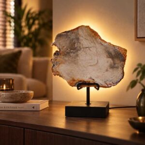 Versteend hout lamp Timber met warme achterverlichting in sfeervol interieur