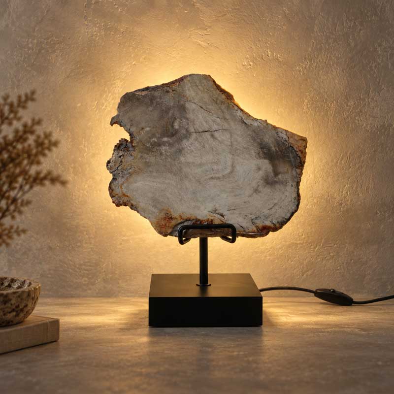 Versteend hout lamp Timber met warme achterverlichting tegen sfeervolle wand