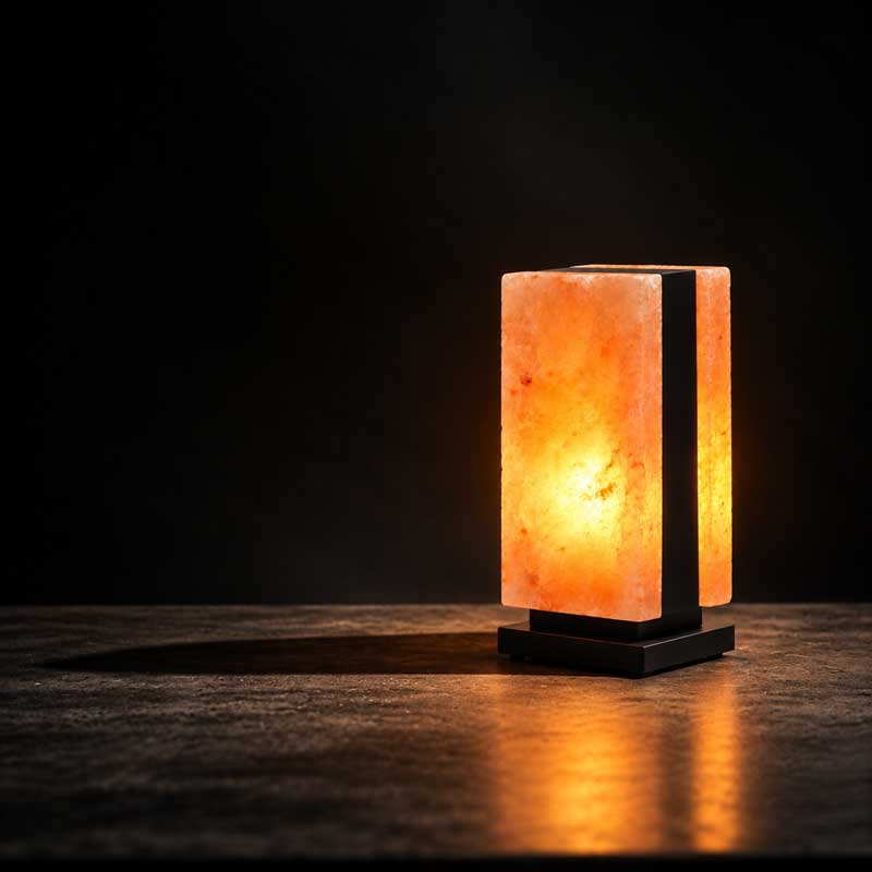 Zwarte Zoutlamp Cedar met warm licht tegen donkere achtergrond