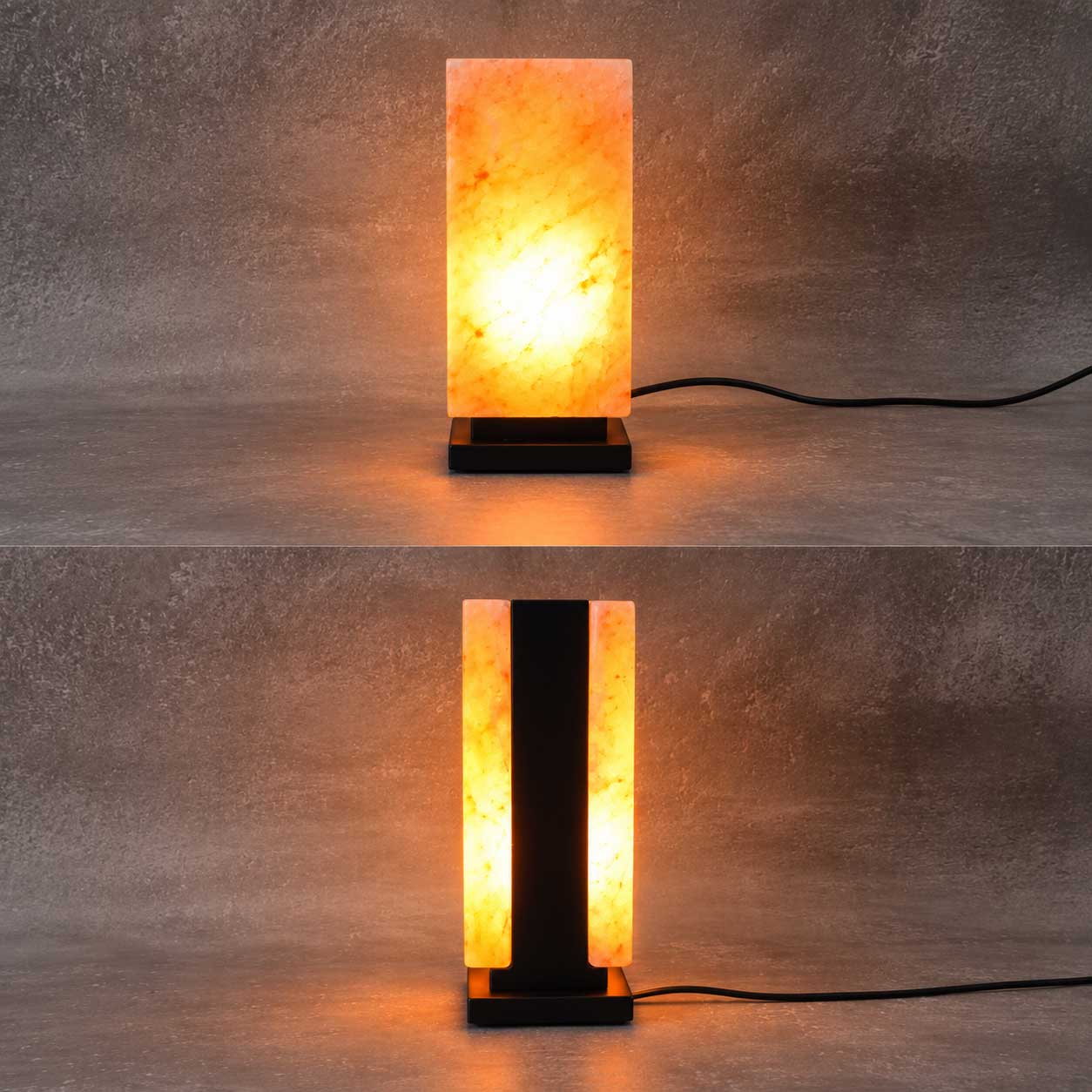 Zwarte Zoutlamp Cedar voor- en achteraanzicht met warm licht