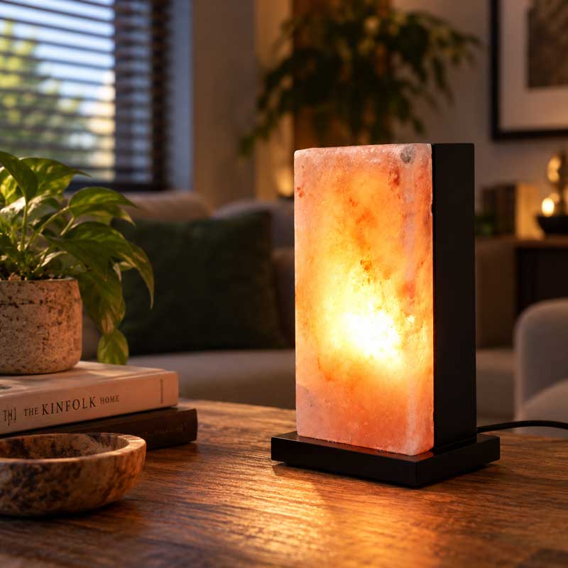 Zwarte Zoutlamp Cypress op houten tafel in sfeervolle woonkamer