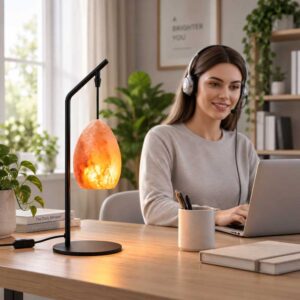 Zoutlamp Elm met hangende zoutsteen aan zwarte standaard in sfeervol thuiskantoor