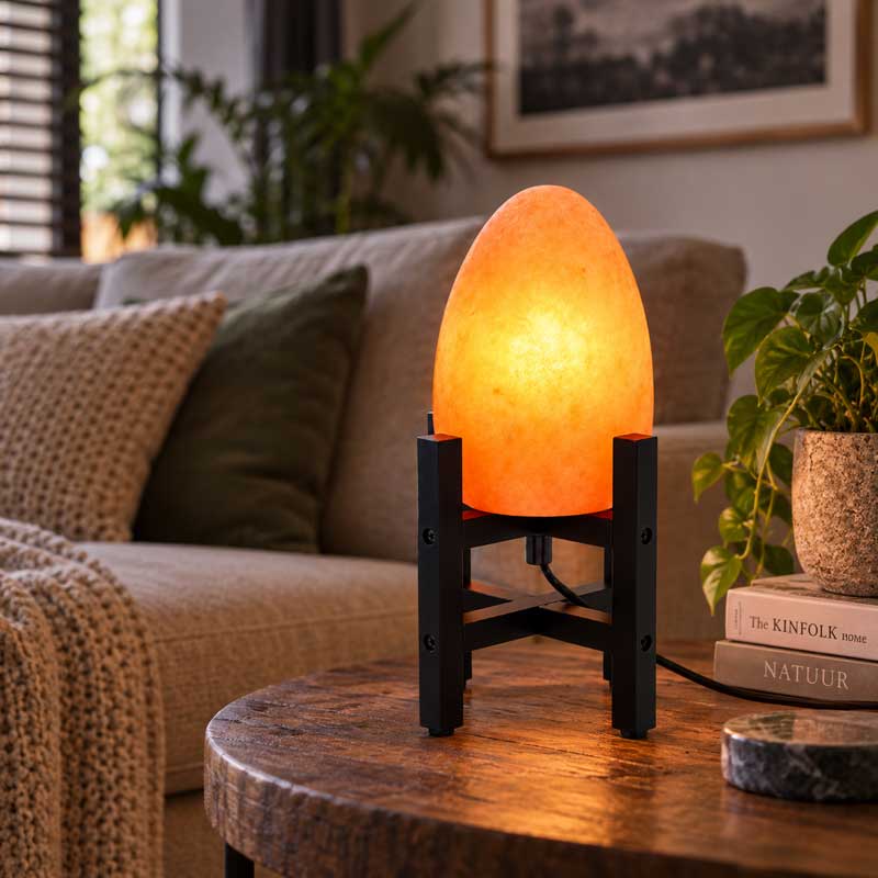 Zoutlamp Flame met vlamvormige zoutsteen in zwart frame in warme woonkamer