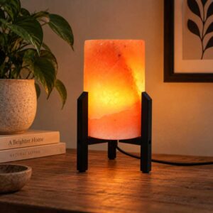 Zoutlamp Redwood met zwarte standaard als sfeerverlichting in een warm interieur