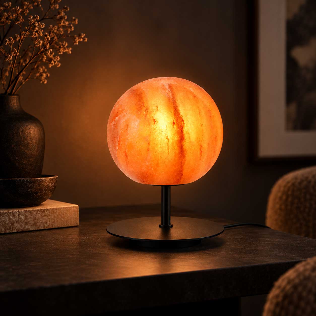 Zoutlamp Solis met ronde zoutsteen op zwarte standaard in sfeervol interieur