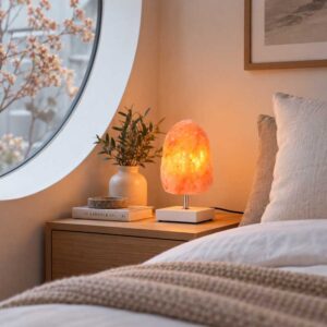 Zoutlamp Willow met witte standaard als sfeerverlichting op een nachtkastje