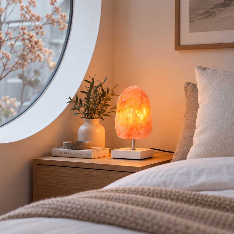 Zoutlamp Willow met witte standaard als sfeerverlichting op een nachtkastje