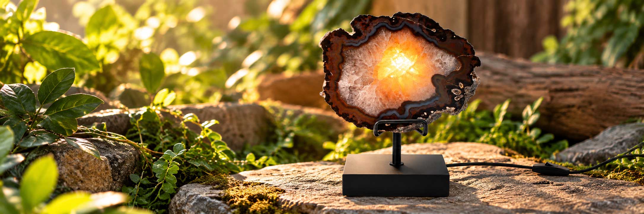 Agaat lamp op zwarte standaard tussen natuurlijke stenen en groene beplanting