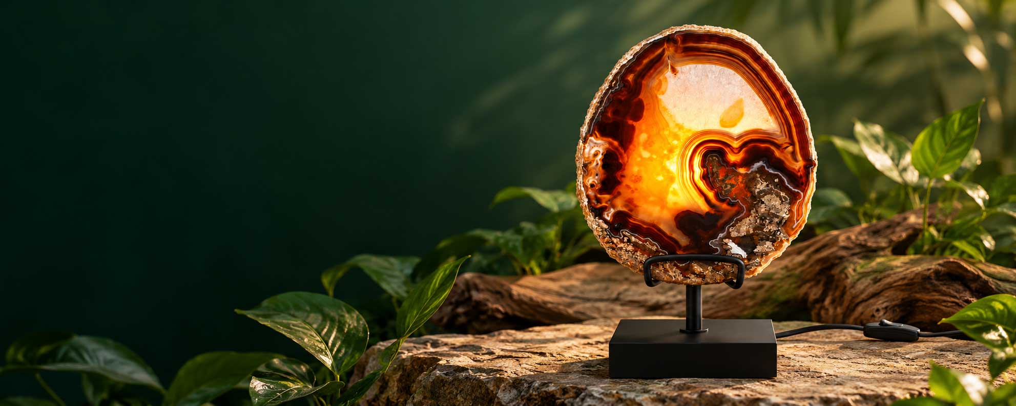 Agaat op standaard met warme amberkleurige verlichting in een natuurlijke donkergroene setting.
