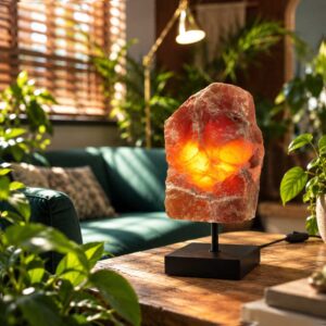 Aragoniet edelsteen lamp Amber Glow op zwarte standaard in groen natuurlijk interieur