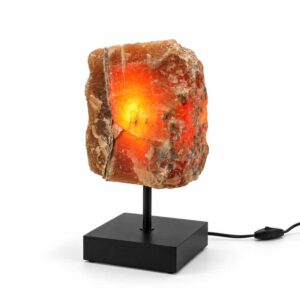 Aragoniet Lamp Raw van natuurlijke ruwe aragoniet met warme oranje verlichting op een moderne zwarte standaard.