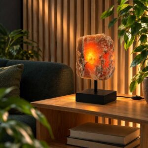 Aragoniet Lamp Raw op zwarte standaard met warme oranje lichtgloed, sfeervol geplaatst op een houten tafel tussen groene kamerplanten.