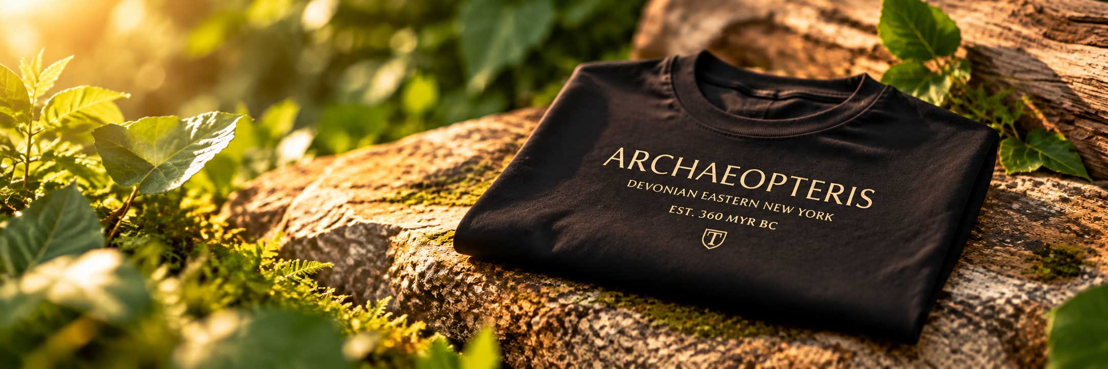 Opgevouwen zwart Archaeopteris T-shirt met goudkleurige opdruk op ruwe natuursteen, omringd door groene beplanting en warm zonlicht.