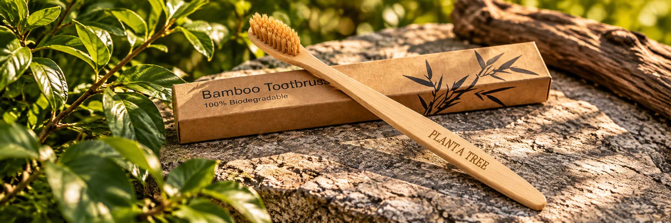 Bamboe tandenborstel van Plant a Tree met kraft verpakking in een natuurlijke buitenomgeving