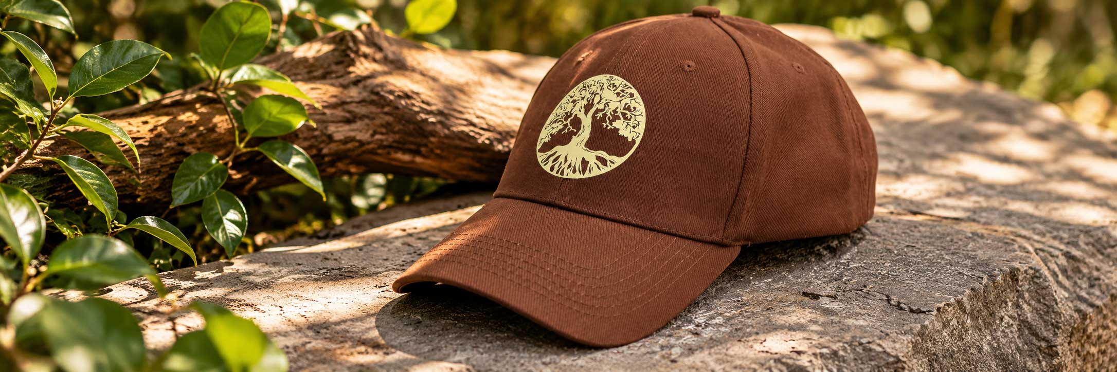 Bruine cap met Tree of Life-logo van Plant a Tree in een natuurlijke buitenomgeving