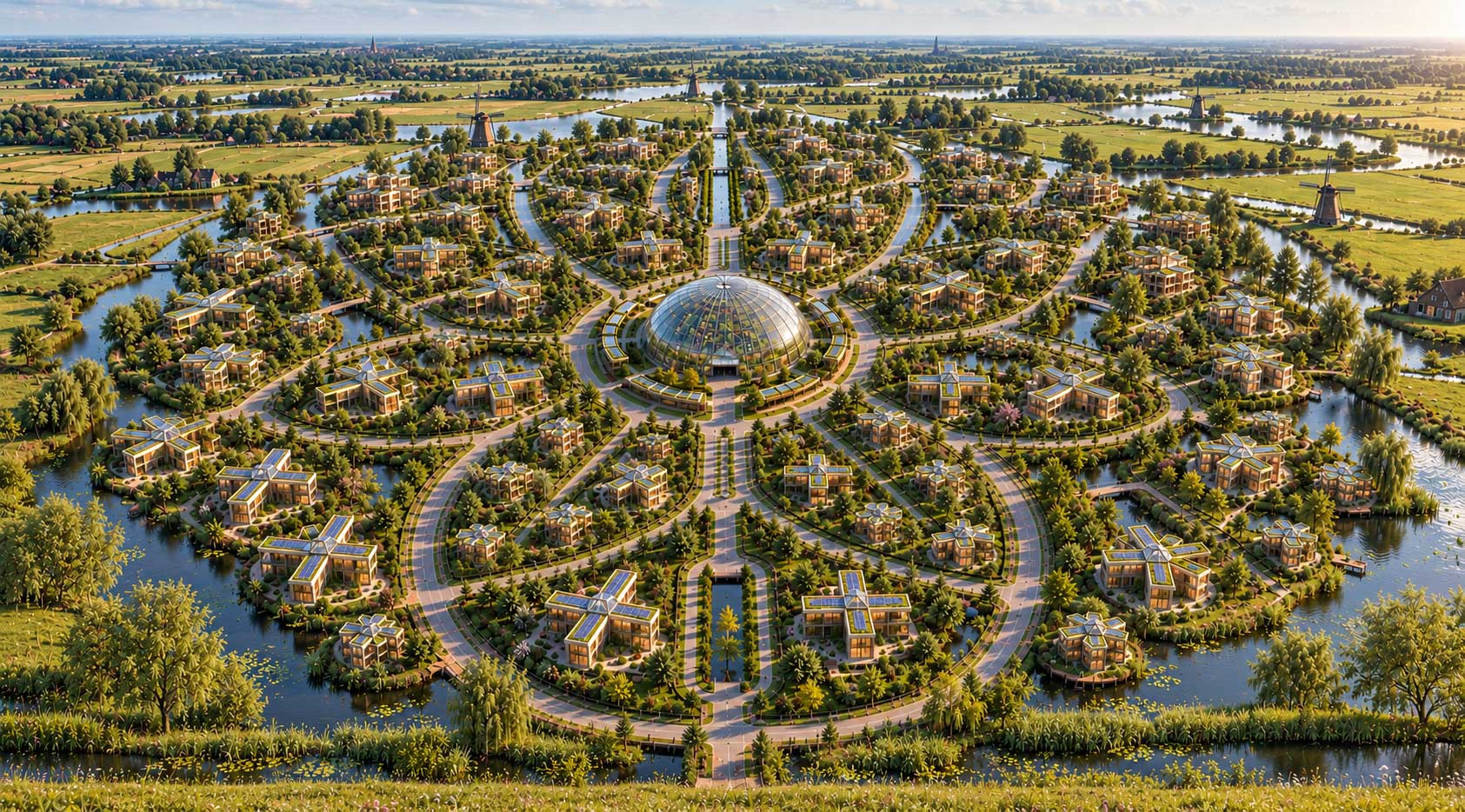 Fotorealistische Eco Living Village in het Groene Hart met Eco Multi Modules, water, groen, zonnepanelen en windmolens.