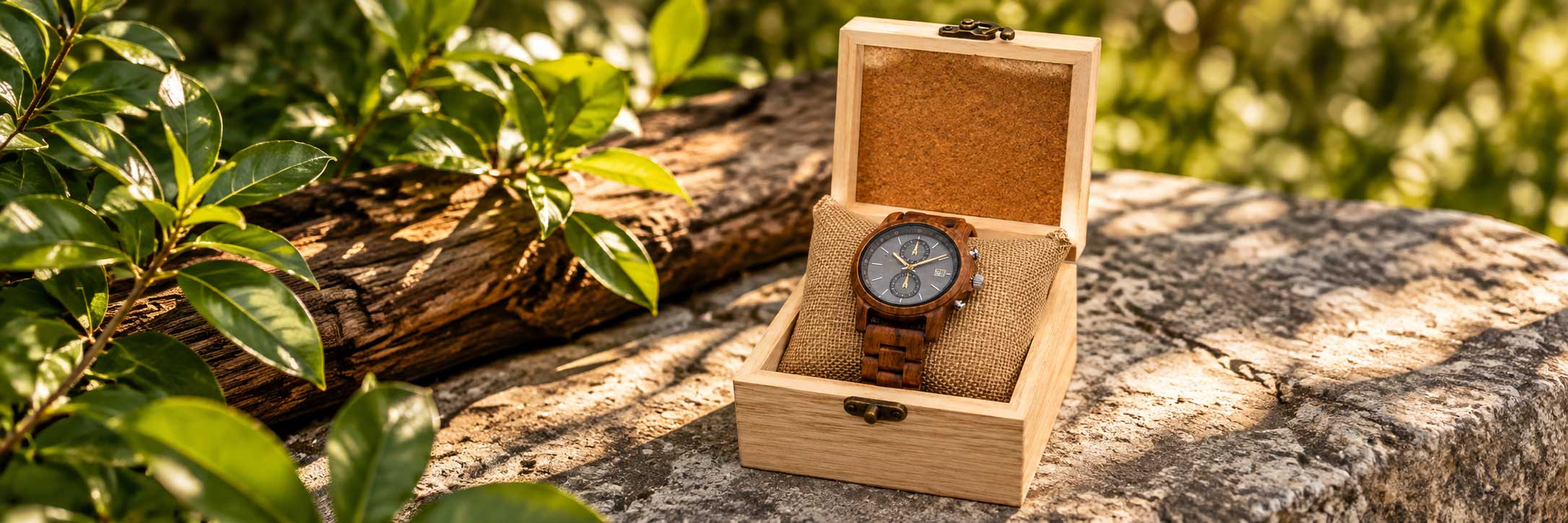 Houten horloge in luxe houten geschenkdoos in een natuurlijke buitenomgeving