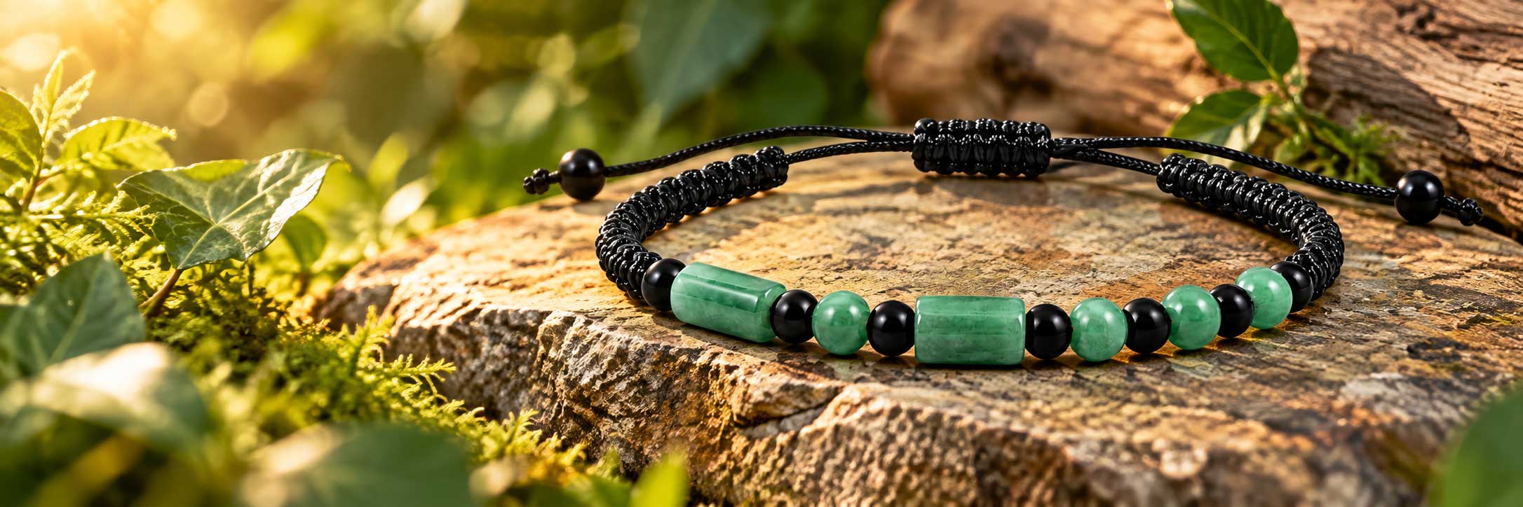 Impact Bracelet met groene natuurstenen en zwarte kralen op ruwe natuursteen tussen groene beplanting in warm zonlicht.