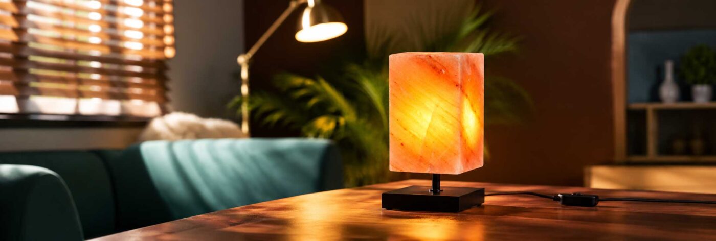 Moderne zoutlamp met zwarte voet en warme gloed in een sfeervol interieur
