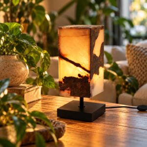 Onyx Edelsteen Lamp Firestone met warme amberkleurige verlichting op een houten tafel, omringd door groene kamerplanten in een sfeervol interieur.