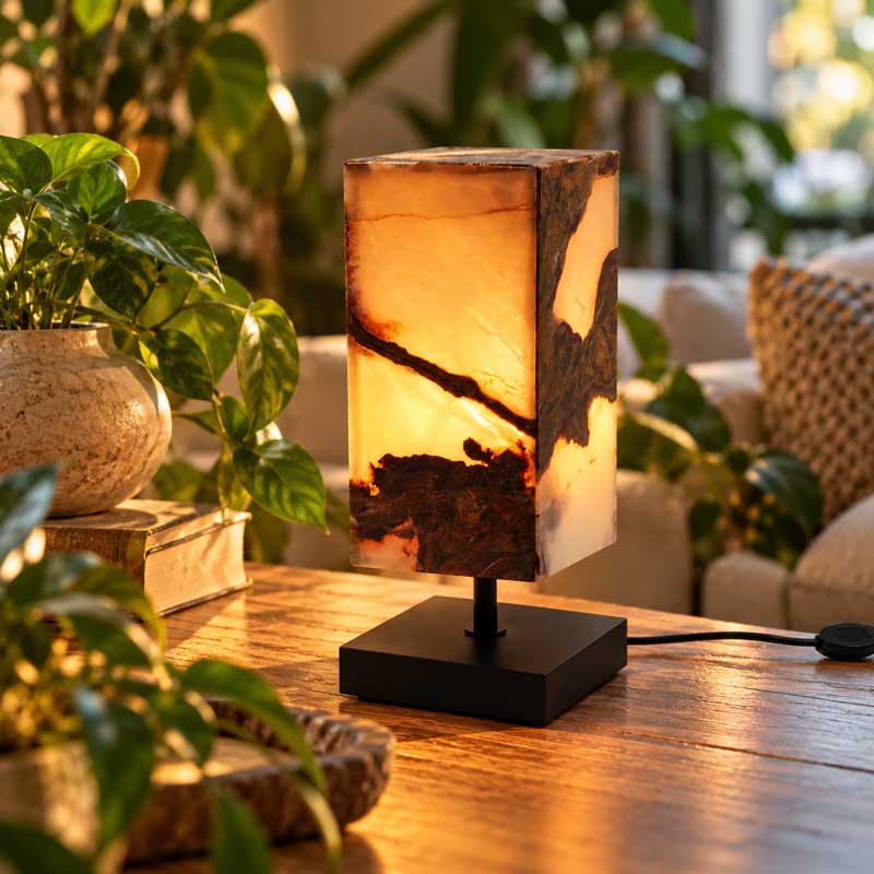 Onyx Edelsteen Lamp Firestone met warme amberkleurige verlichting op een houten tafel, omringd door groene kamerplanten in een sfeervol interieur.