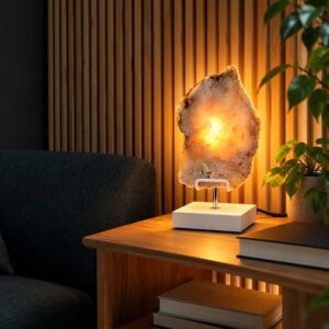 Roze Amethist Edelsteen Lamp Rose Aura met witte standaard en warme verlichting, sfeervol geplaatst op een houten bijzettafel naast een donkere bank en groene kamerplanten.