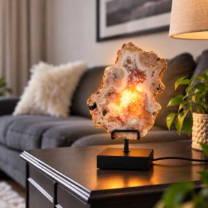Roze Amethist Edelsteen Lamp Crystal Bloom op zwarte standaard met warme verlichting, sfeervol geplaatst op een tafel in een moderne woonkamer met groene planten.