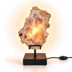 Roze Amethist Lamp Crystal Bloom met natuurlijke roze en crème kristalstructuren, warme verlichting en zwarte standaard op een witte achtergrond.