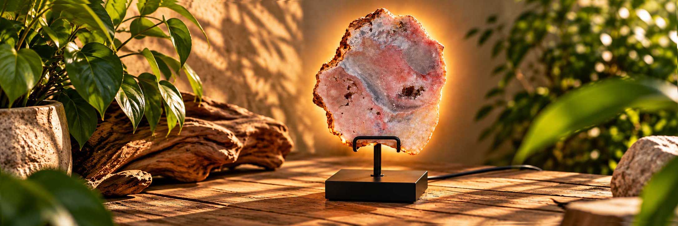 Roze amethist lamp met warme achterverlichting in natuurlijke sfeeromgeving