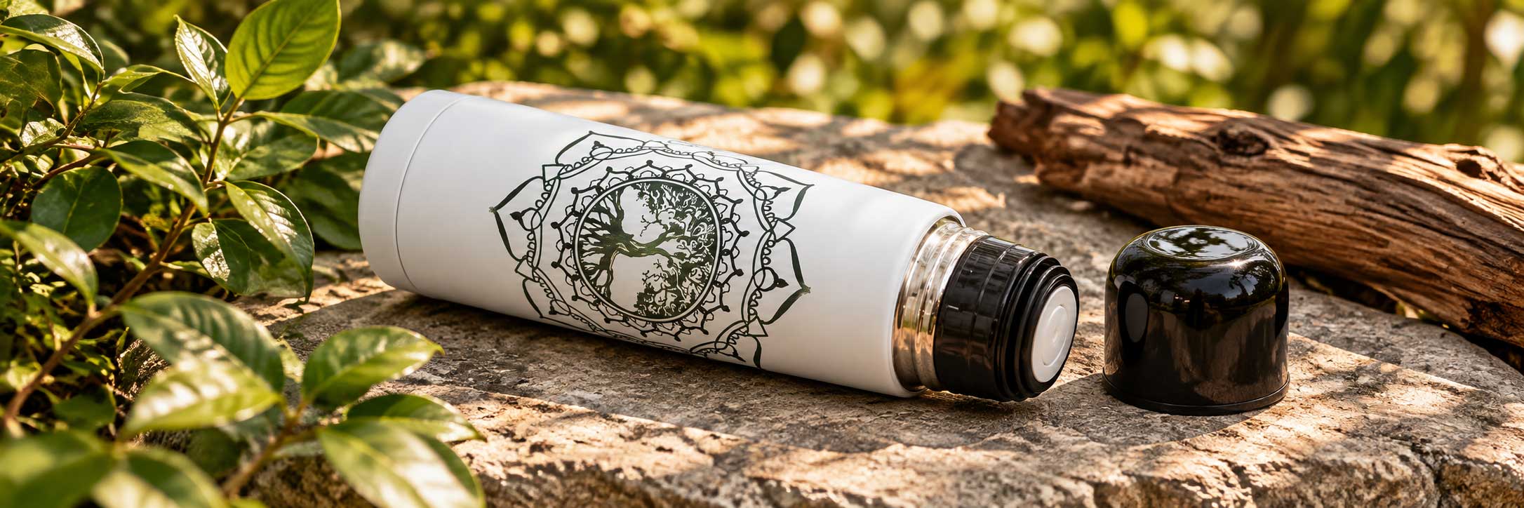 Witte thermosfles met Tree of Life-logo van Plant a Tree in een natuurlijke buitenomgeving