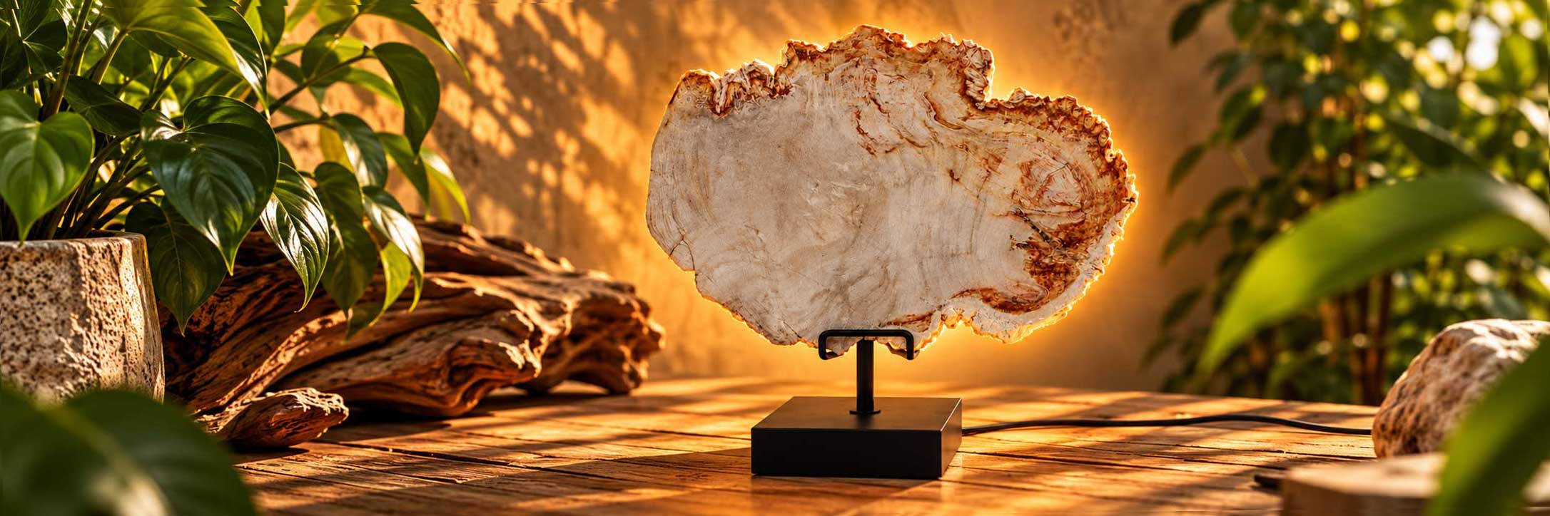 Versteend hout lamp met warme achterverlichting in natuurlijke sfeeromgeving