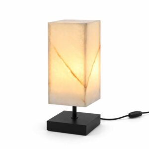 White Onyx edelsteen lamp Ivory Glow met warme gloed op zwarte standaard