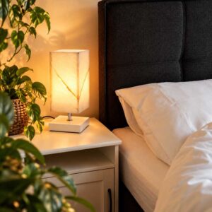 White Onyx edelsteen lamp Ivory Glow op witte standaard naast bed met groene kamerplanten
