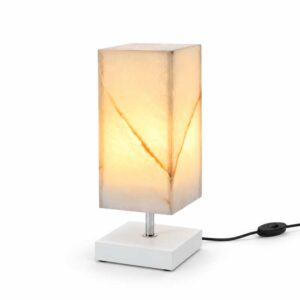 White Onyx edelsteen lamp Ivory Glow met warme verlichting op witte standaar