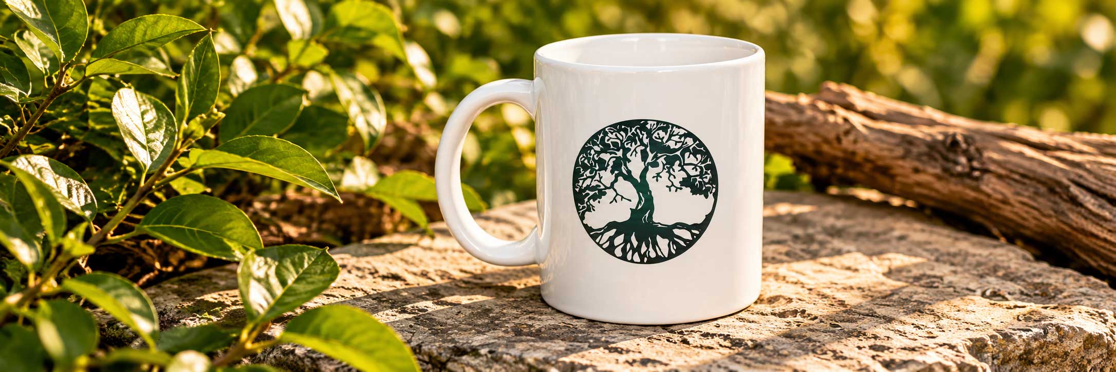 Witte mok met Tree of Life-logo van Plant a Tree in een natuurlijke buitenomgeving