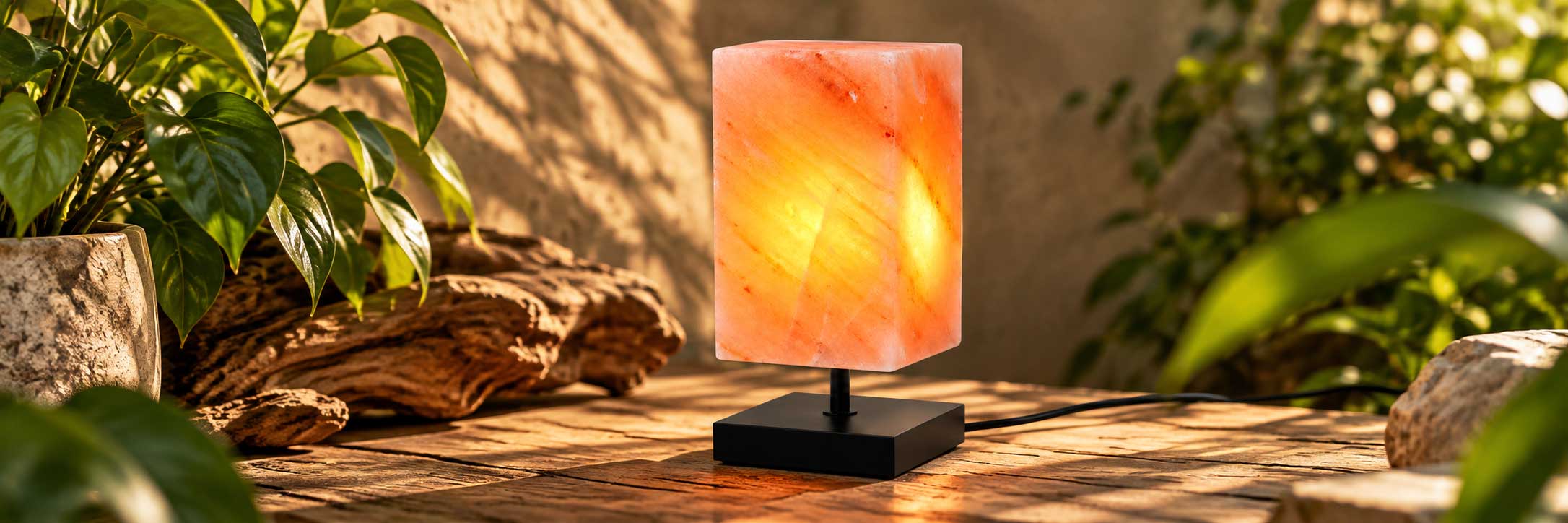 Moderne zoutlamp op zwarte voet met warme gloed in een natuurlijke sfeeromgeving