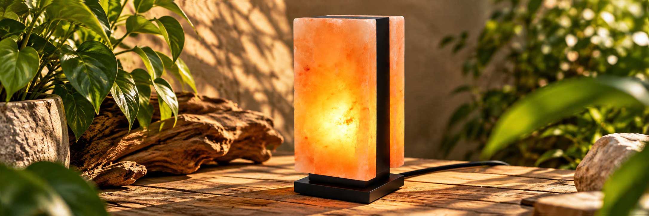Moderne zoutlamp Cedar op zwarte voet met warme gloed in een natuurlijke sfeeromgeving