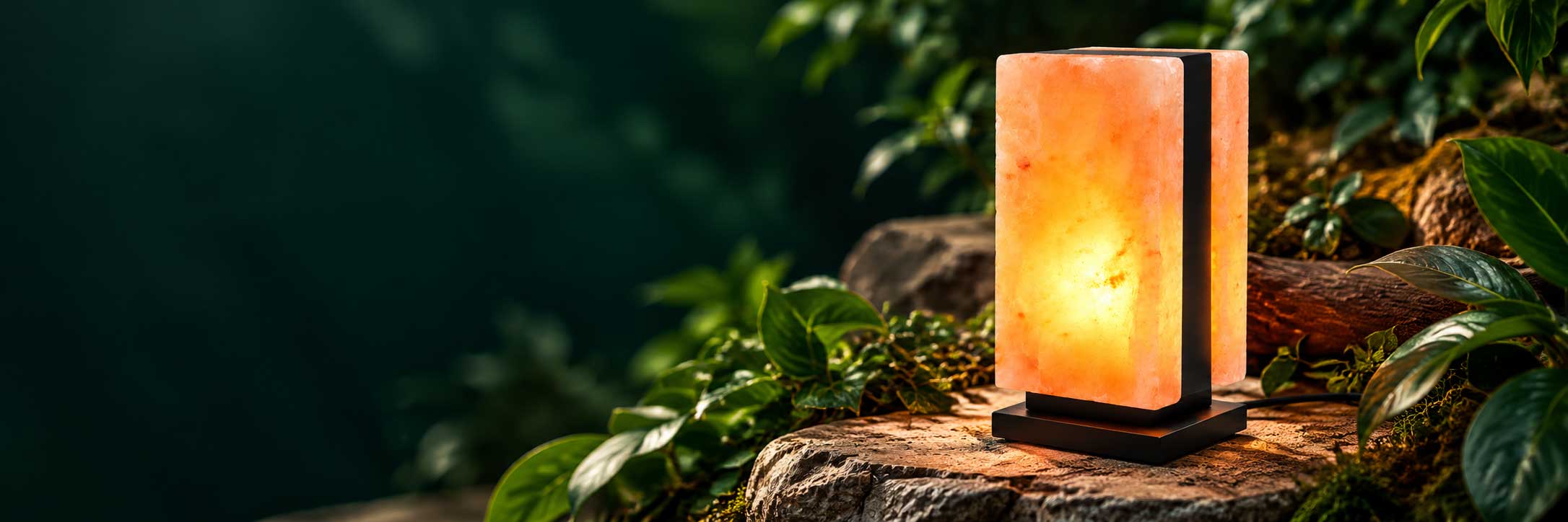 Moderne zoutlamp van Himalayazout met zwart frame en warme verlichting in een natuurlijke donkergroene setting.